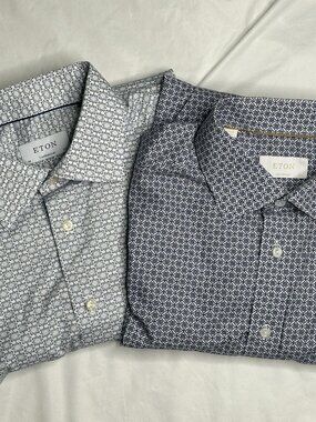 Eton Dress Shirt Mens Size 17.5 44 Blue Geometric AOP Contemporary Fit Lot of 2